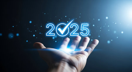 A hand holds the glowing digital numbers 2025 with a checkmark inside the zero against a dark blue background with glowing particles.の素材