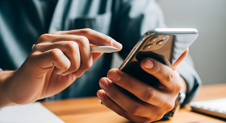 Close up of hands holding a black smartphone and a white stylus pen, interacting with the screen.の素材