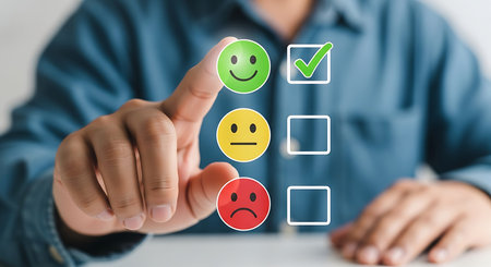 A finger points to a green happy face icon with a checkmark on a digital interface showing three emotion icons.の素材