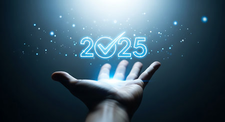 A human hand is open and glowing with blue light, presenting the glowing blue digits 2025 with a checkmark inside the zero.の素材