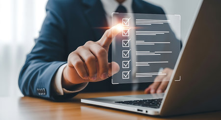 A businessman in a blue suit touches a digital checklist with checkmarks on a transparent screen. A laptop is on a wooden desk.の素材