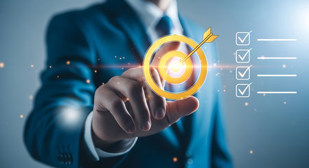 A man in a blue suit touches a golden target with an arrow in the bullseye, alongside a digital checklist with checkmarks.の素材