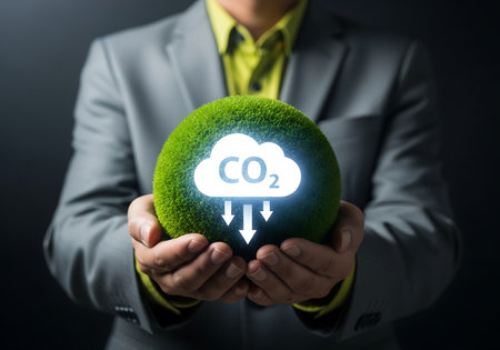 A person in a grey suit and yellow shirt holds a fuzzy green sphere with a white CO2 cloud icon and downward arrows.の素材