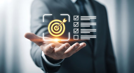 A man in a dark suit holds out his hand displaying a glowing yellow target with an arrow and a digital checklist with checkmarks.の素材