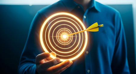 A man in a blue shirt holds a glowing circular target with an arrow precisely in the bullseye.の素材