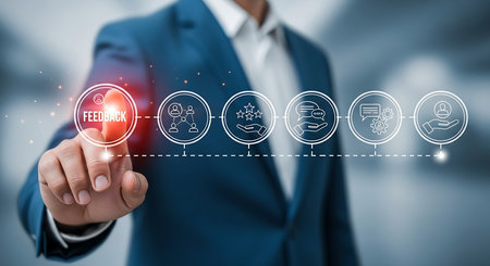 A man in a blue suit touches a glowing red feedback icon on a digital interface with a line of icons representing a process.の素材