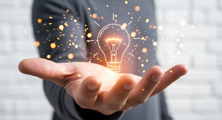 A hand holds a glowing outline of a light bulb with radiating lines. Orange and yellow sparks and bokeh lights float around the bulb and hand.の素材