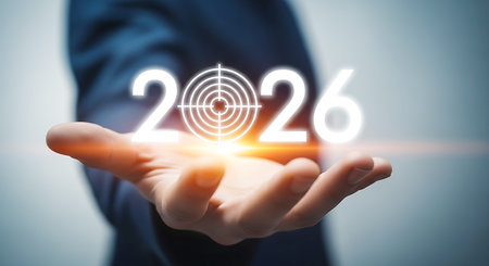 A hand holds the glowing white numbers 2026, with a target symbol in the center of the zero.の素材