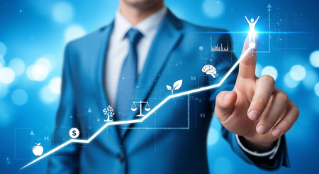 A man in a blue suit touches a glowing white upward trend line with icons representing growth and achievement against a blue bokeh background.の素材