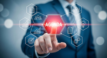 A businessman in a blue suit touches a glowing red hexagon with the word AGENDA surrounded by business icons.の素材