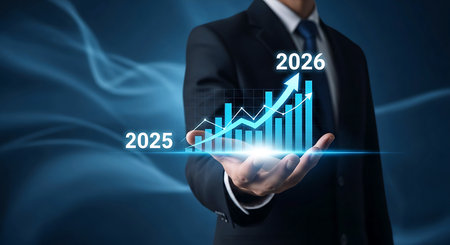 A businessman in a dark suit holds a glowing blue financial growth chart with bars and an upward arrow. The years 2025 and 2026 are visible.の素材