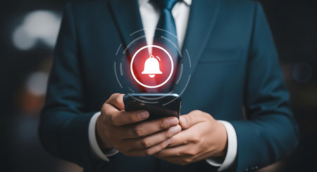 A man in a dark suit holds a smartphone displaying a glowing red circle with a white bell icon and concentric rings.の素材