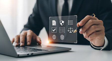 A man in a suit uses a laptop and interacts with a glowing digital screen displaying icons for law, security, and data.の素材