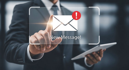 A businessman in a dark suit touches a transparent screen displaying a new message notification with an envelope icon and red alert.の素材