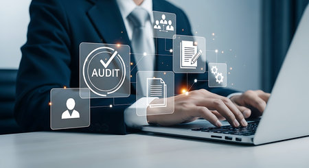 A person in a dark suit types on a silver laptop, with glowing digital icons representing audit, documents, people, and gears floating above.の素材