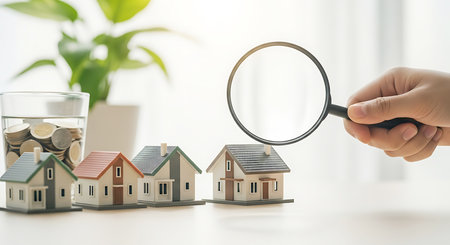 Miniature houses and coins in a glass jar sit on a table, with a hand holding a magnifying glass over the models.の素材