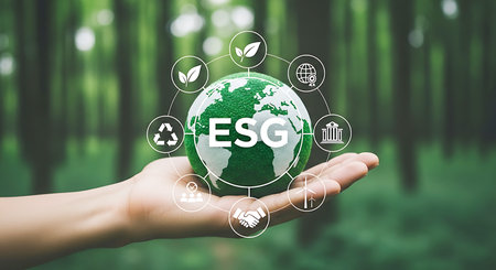 A hand holds a green earth globe with ESG icons surrounding it against a blurred forest background.の素材