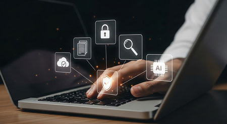 A person's hand types on a laptop keyboard, with glowing digital icons for cloud, documents, lock, search, shield, and AI floating above.の素材