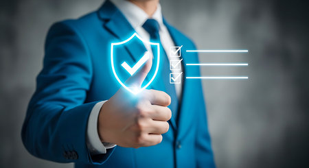 A man in a blue suit gives a thumbs up gesture. A glowing blue shield with a checkmark and a digital checklist are superimposed.の素材