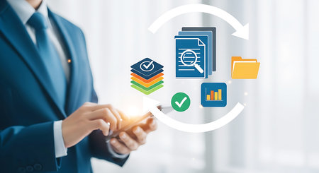 Man in a blue suit holds a smartphone with digital icons for documents, charts, and folders floating around him.の素材