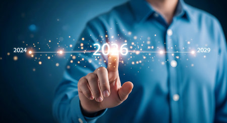 A man in a blue shirt touches a glowing digital timeline displaying years 2024 2026 and 2029 with bokeh lightsの素材