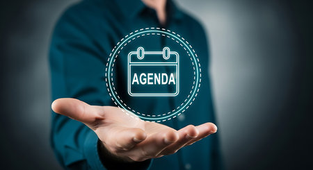A person's open hand holds a glowing digital calendar icon with the word AGENDA inside.の素材
