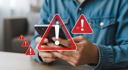 Hands in a blue denim shirt hold a smartphone with multiple red triangular warning signs featuring white exclamation marks overlaid.の素材