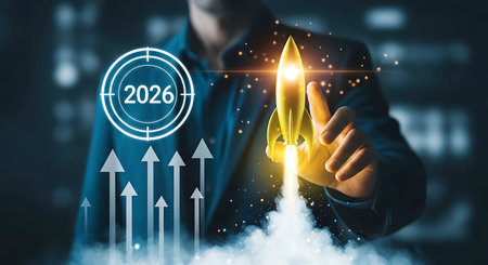 A man's hand touches a yellow rocket launching with smoke and sparks. Upward arrows and a target with 2026 are visible.の素材