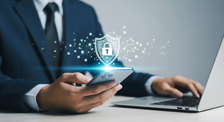 A person in a suit holds a smartphone with a glowing digital shield and network particles above it. A laptop is visible to the side.の素材