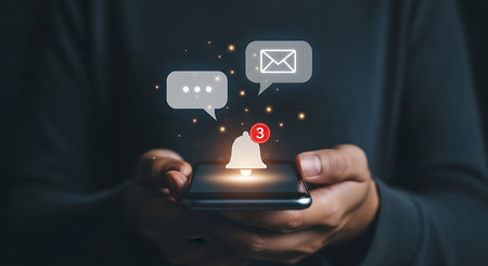 Hands hold a smartphone displaying glowing notification icons for messages and email, with a bell alert showing three new notifications.の素材
