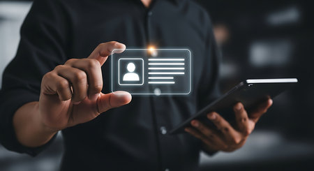 A person in a dark shirt holds a transparent digital ID card with a profile icon and lines of text, with a tablet in the other hand.の素材