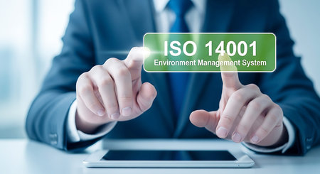 A person in a dark suit and blue tie touches a glowing green button labeled ISO 14001 Environment Management System on a digital interface.の素材