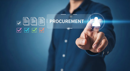 A man's hand points to a digital interface displaying the word PROCUREMENT and a checklist with checkmarks.の素材