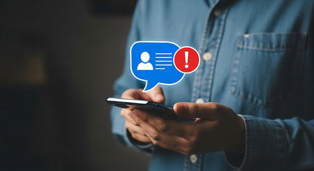 A person in a denim shirt holds a smartphone displaying a blue chat bubble icon with a person silhouette and an exclamation mark alert.の素材