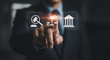 A man in a suit touches digital icons representing law scales of justice and a courthouse on a dark background.の素材