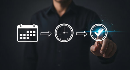 A person's hand touches a glowing checkmark icon in a digital interface. Icons of a calendar and clock precede the checkmark.の素材