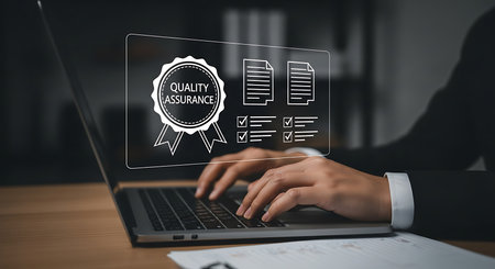 Hands typing on a laptop keyboard with a digital overlay showing a quality assurance badge and checklist icons.の素材