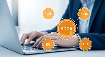 Hands typing on a laptop with an orange and white PDCA cycle diagram overlaid.の素材