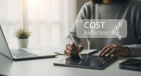 Person's hands writing on a tablet with a stylus, next to a laptop and notebook. A digital graphic displays "COST Reduction" with dollar signs.の素材