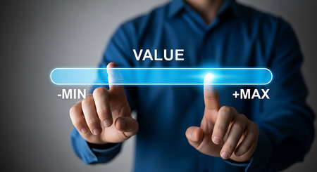 A person's hands and fingers interact with a glowing blue digital slider bar labeled VALUE MIN and MAX on a dark background.の素材