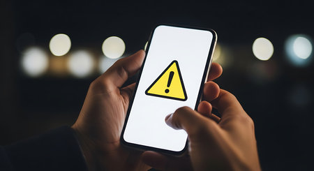 Hands holding a smartphone displaying a yellow triangle with a black exclamation mark on a white screen. Blurred lights in the background.の素材