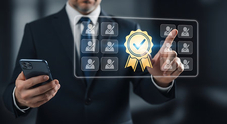 A man in a dark suit holds a smartphone and touches a glowing digital screen displaying user icons and a golden award with a checkmark.の素材