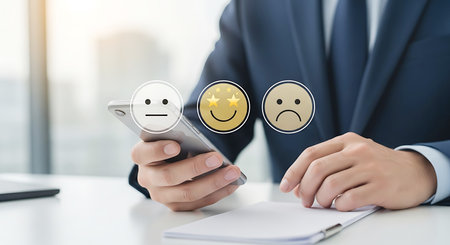 A person in a suit holds a smartphone displaying three emoji faces neutral happy and sad over a desk with a notepad.の素材