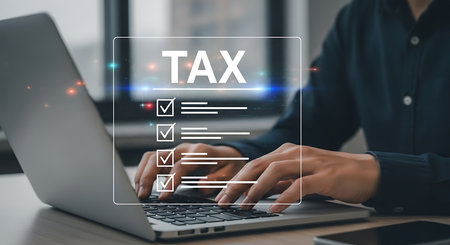 Hands typing on a laptop screen displaying a digital tax checklist with glowing lights and bokeh effect.の素材