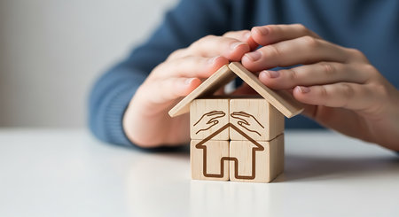 Wooden blocks form a house shape with drawn hands and house symbols. Hands cover the top of the house.の素材