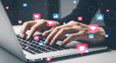 Close-up of hands typing on a laptop keyboard with pink heart and blue thumbs-up icons floating around.の素材