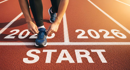 Close up of a runner tying blue athletic shoes on a red running track. White lines mark the start and the year 2026.の素材
