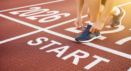 Close up of a runner tying blue athletic shoes on a red track start line marked with white numbers 2026 and the word START.の素材