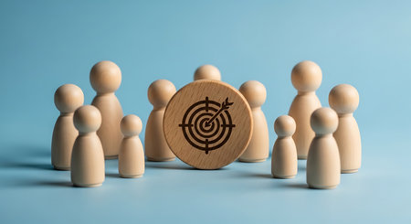 A group of light-colored wooden peg dolls stand around a circular wooden target with a dark brown arrow in the bullseye against a light blue background.の素材
