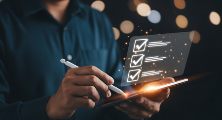 A person's hands hold a tablet and stylus, interacting with a glowing digital checklist on a dark background with bokeh lights.の素材